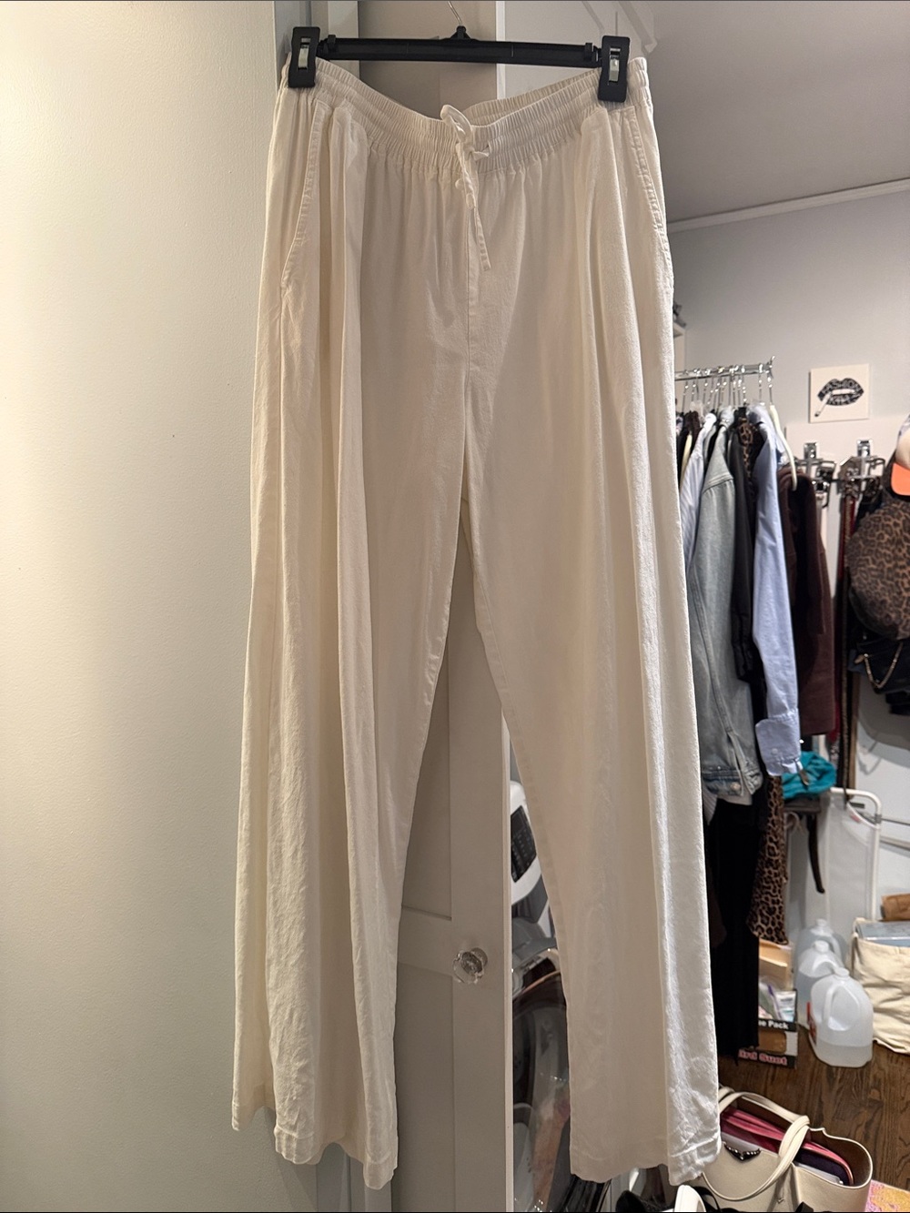 Monrow Cream Elastic-Waist linen blend Pants